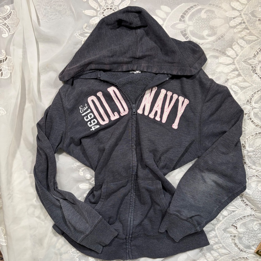 Y2K Preppy Old Navy Full Zip Hoodie Black Jack Gray Pink Logo Sweatshirt Medium